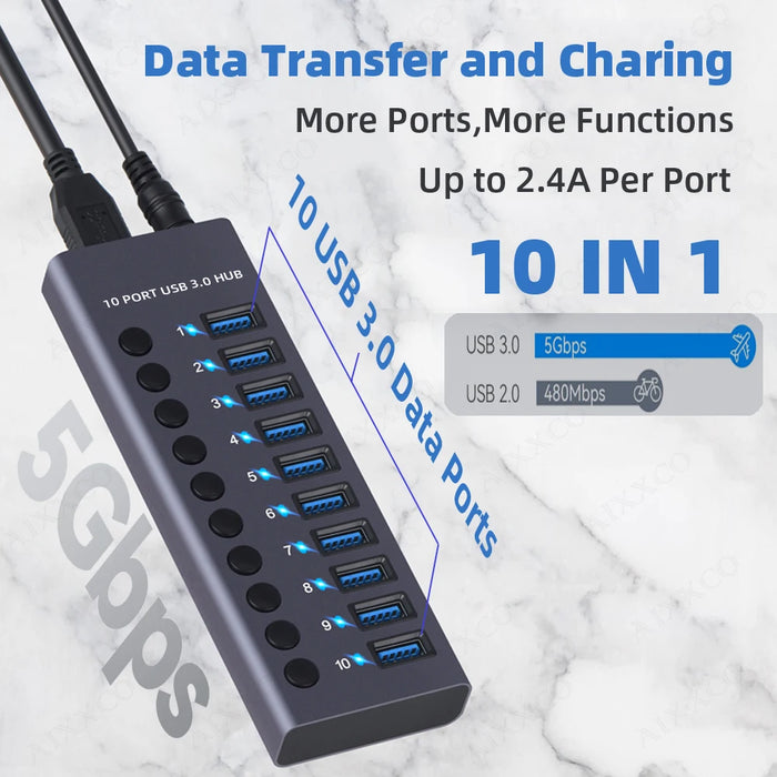 AIXXCO 10 Ports USB 3.0 Hub High Speed Multi USB Splitter with Switch Power Adapter Multiple Expander with PD charger