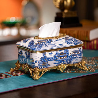 Paper towel box,  high-end blue and white porcelain with gold painting, copper high-end retro luxury paper drawer ornaments