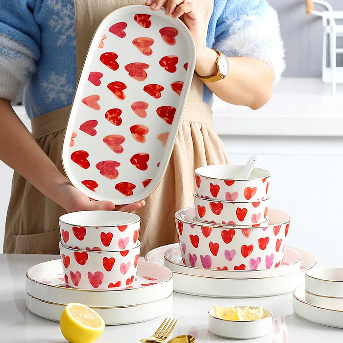 24 Piece Japanese Style Heart-shaped Pattern Tableware Sets Food Bowl Spoon Ramen Plates Dinnerware Set Utensils For Kitchen