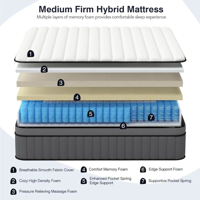 12 Inch Hybrid Memory Foam Full Size Mattress in a Box,Mattress Full Size with Pocket Spring,Medium Firm Mattress