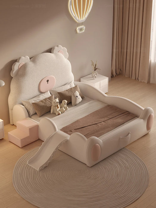 Solid wood children's bed Boys girls single bed Modern simple light luxury leather bed creative bear cartoon bed