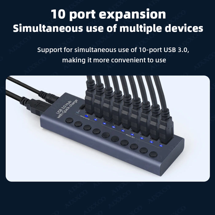 AIXXCO 10 Ports USB 3.0 Hub High Speed Multi USB Splitter with Switch Power Adapter Multiple Expander with PD charger