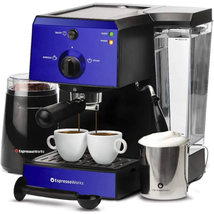 All-In-One Espresso Machine with Milk Frother 7-Piece Set -  Maker Includes Grinder, Frothing Pitcher, Cups, Spoon and Tamper