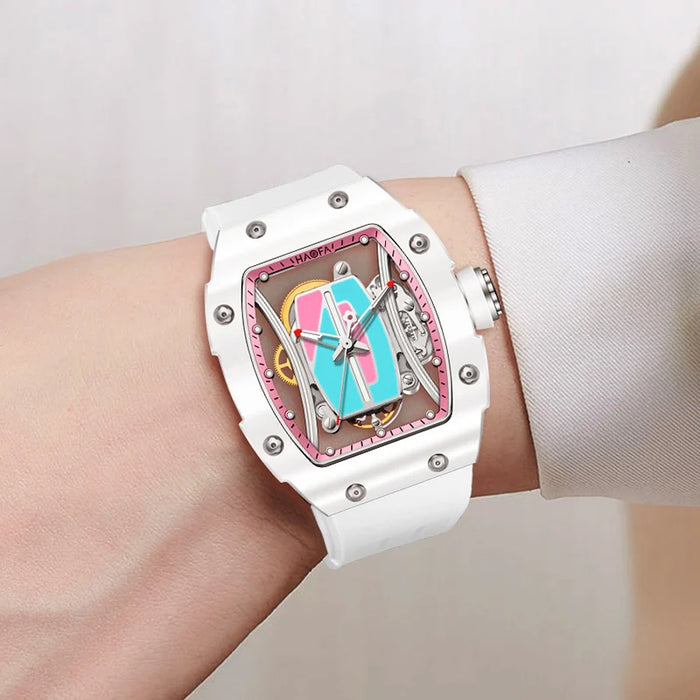 Haofa Ladies Automatic Watch Hollow Colorful Dial Ceramic Bezel Sapphire Waterproof Mechanical Watch Skeleton Women's Watch 1991