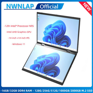 Intel N95 Processor 14“+14” touch Dual Screen Laptop Gaming Laptop DDR4 16GB/32GB 128G - 1TB 2TB SSD Notebook Computer