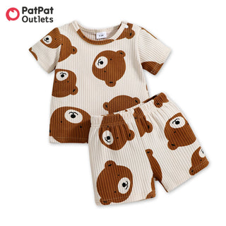 PatPat Newborn 2pcs Baby Boy/Girl Clothes 95% Cotton Ribbed Short-sleeve All Over Cartoon Bear Print Top and Shorts Set