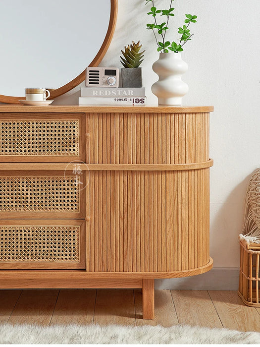 Japanese-Style Solid Wood Rattan Makeup Table Dresser