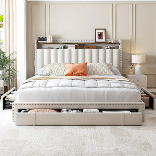 Queen Size Bed Frame with 2 Drawers, Queens Beds Frame with Storage, NO Noise, No Box Spring Needed, Queen Size Bed Frame