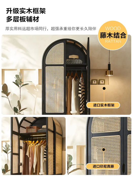 Nordic solid wood rattan woven wardrobe storage cabinet Small unit retro homestay arched storage wardrobe