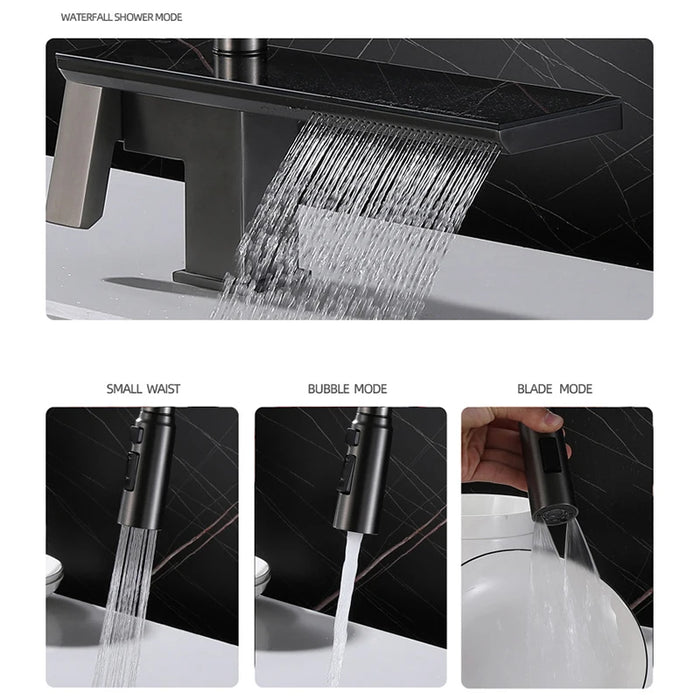 SUS 304 Stainless Steel Kitchen Sink Faucet Rotatable Retractable Pull-out Single Hole Faucet Waterfall Type Outlet Faucet