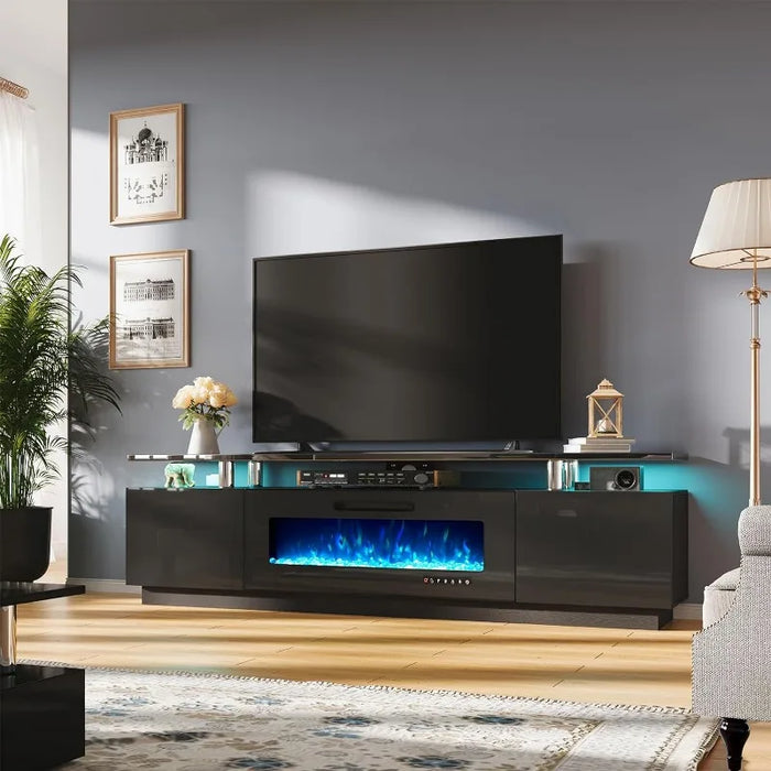 Fireplace TV Stand 70" Modern High Gloss Entertainment Center LED Lights, 2 Tier TV Console Cabinet for TVs Up to 80"
