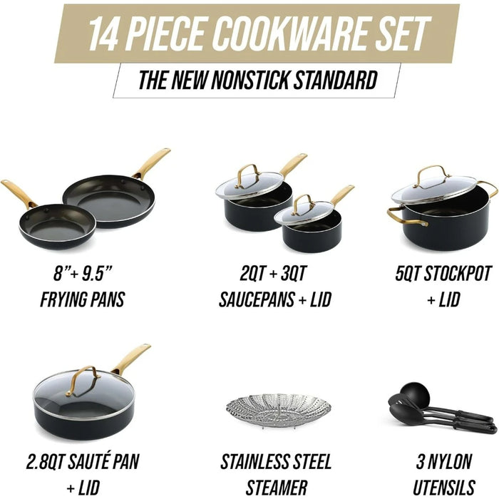 14 Piece Cookware Set, Ceramic Nonstick, PFAS Free, PFOA Free, Induction Suitable, Dishwasher Safe, Gold Handle, Black