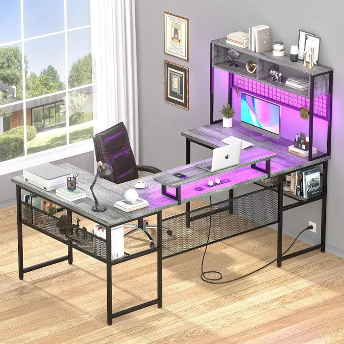 Reversible L Shaped Computer Desk with Power Outlets and LED Strip, Large Office Table with Monitor Stand and Storage Shelves