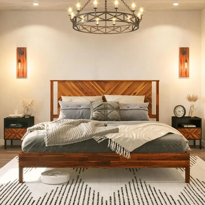 Luxury Bed Frame with Headboard, Solid Acacia Wood, No Need for Springs, 12 Sturdy Wooden Slats Support, Easy To Assemble