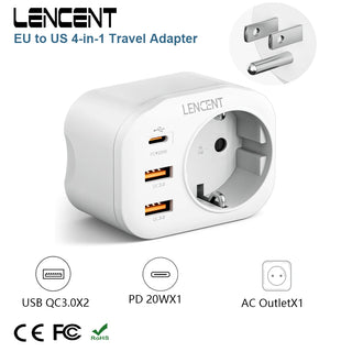 LENCENT EU to US Travel Adapter with 1 AC Outlet  2 USB C3.0 and 1 Type C PD 20W  4 in 1 Fast Charger for Home Travel