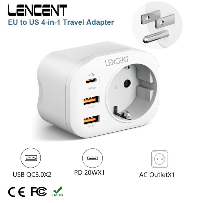 LENCENT EU to US Travel Adapter with 1 AC Outlet  2 USB C3.0 and 1 Type C PD 20W  4 in 1 Fast Charger for Home Travel