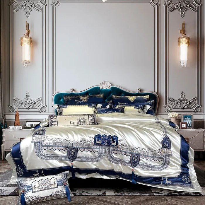 Chic Decorator Upholstery Quality Tassels Bedding Blue Silver Patchwork Luxury Embroidery Duvet Cover Bedspread Sheet Pillowcase