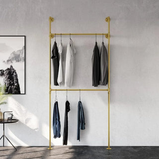 Industrial Pipe Clothing Rack Metal Gold - Wall Mounted Clothes Racks for Hanging Clothes - Modern Walk in Closet Wardrobe Home
