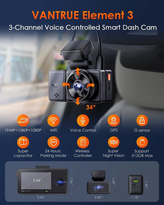 Vantrue E3 3 Channel Dash Cam 2.5K Front and Rear Inside Built-in WiFi GPS,Car Camera with Voice Control