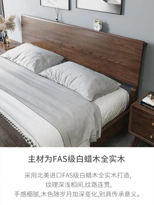 Ash simple solid wood bed Simple modern pure wood double bed, 1.8m master bedroom, Nordic retro log bed