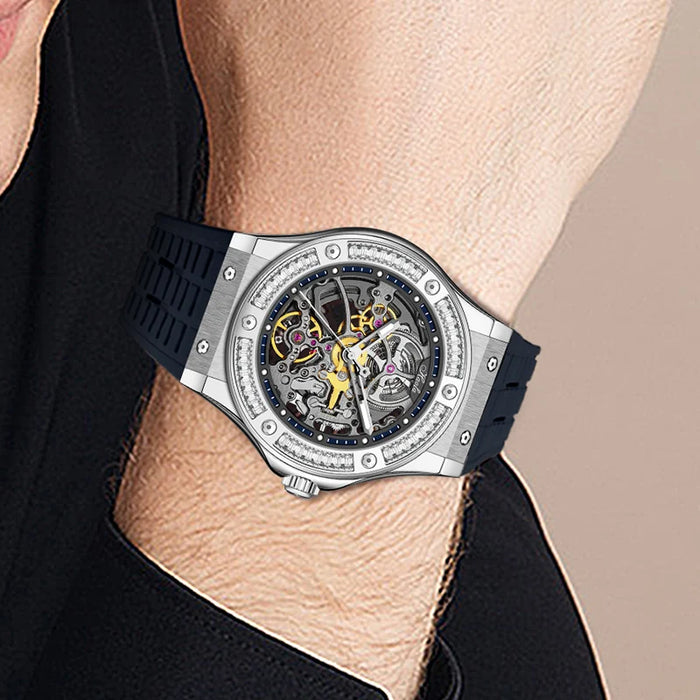 Haofa Skeleton Watch Men Luxury Rhinestone Case Automatic Mechanical Watch for Men Sapphire Luminous Self Wind Waterproof 1913S