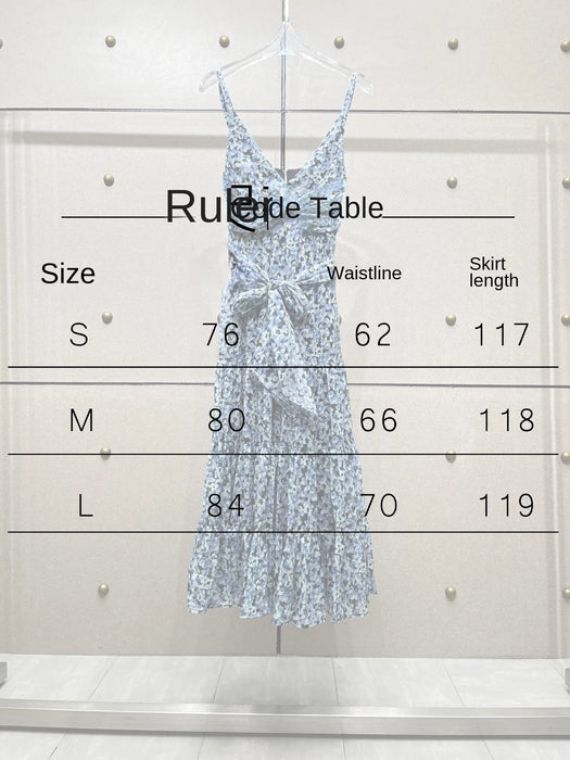 2024 Summer New High Quality Women's Wear Blue jacquard fabric printed pleated large skirt with suspender dress 0527