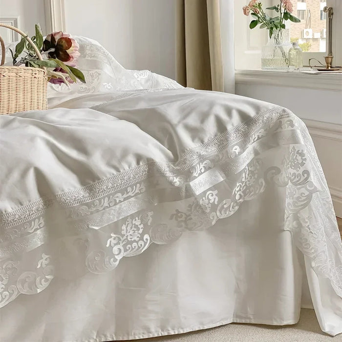 2021 Luxury 100% Cotton Pure White Bedding Set Embroidery Lace Duvet Cover Bed Sheet Pillowcases Queen King Size 4Pcs