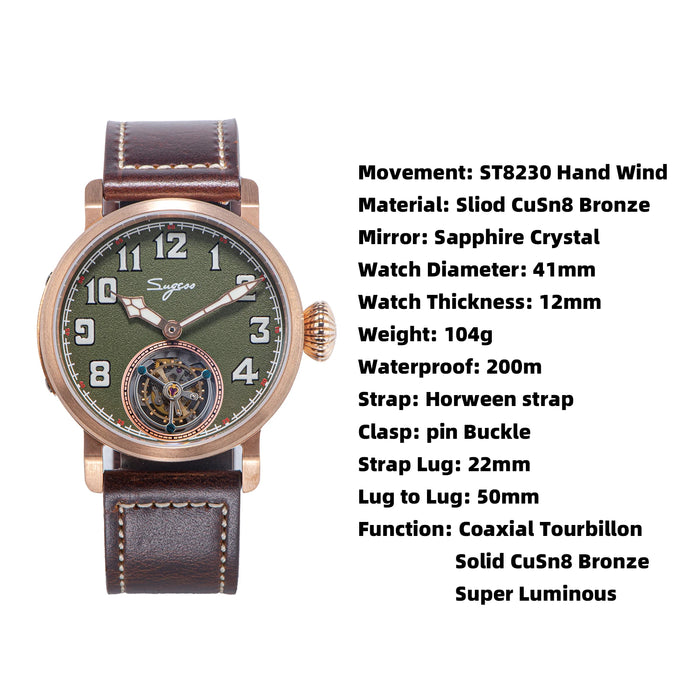 Sugess Tourbillon Bronze Men Watch Original ST8230 Movement HandWind BGW9 Luminous Sapphire CuSn8 WristWatches Crocodile Leather