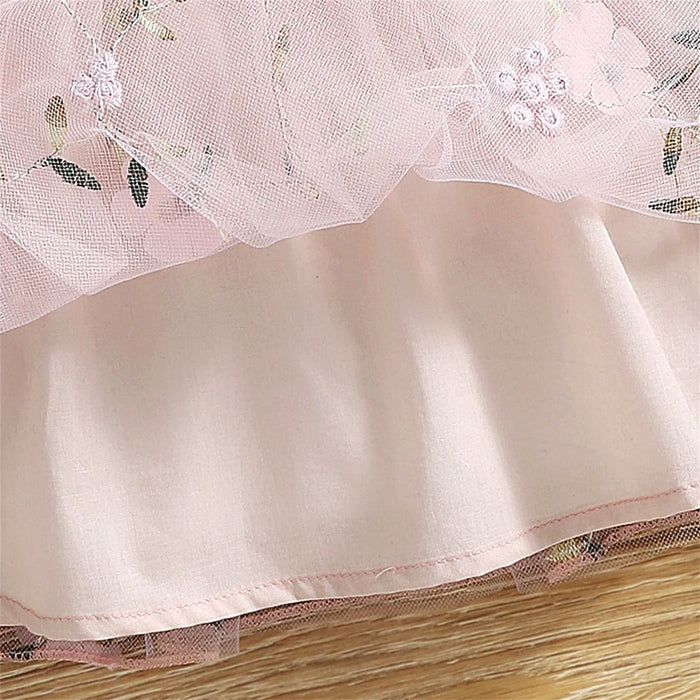 PatPat Baby Dress Baby Girl Clothes New Born Infant Party Dresses Pink Ribbed Bowknot Floral Mesh for NewBorn Kids Birthday