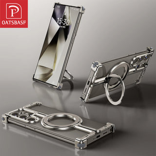 Oatsbasf Magnetic Phone Case for Samsung Galaxy S24 Galaxy S24+ Galaxy S24 Ultra Metal Phone Bumper with Finger Ring Holder