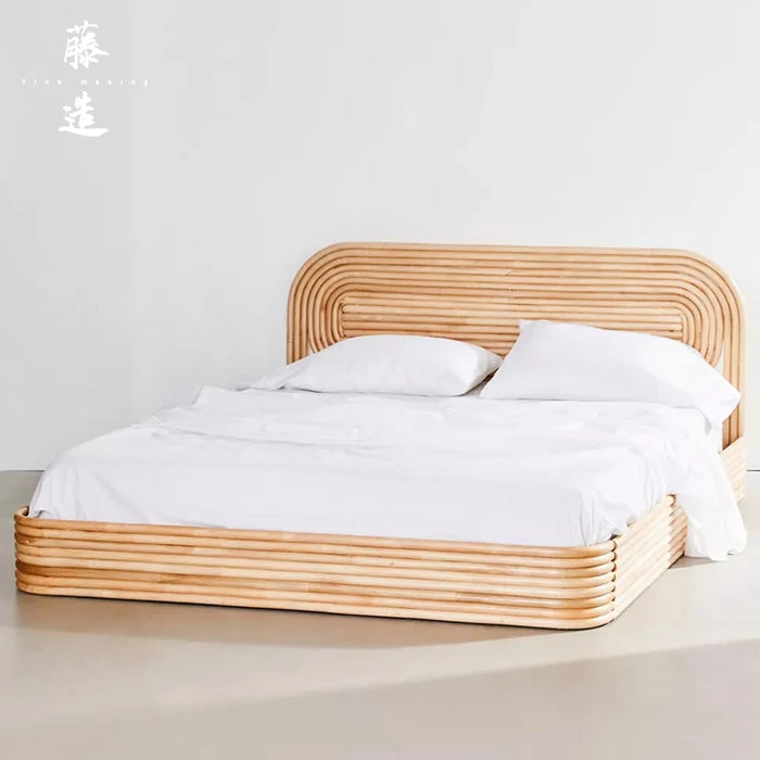 Double 1.5-meter rattan bed, solid wood rattan woven Japanese style 1.8 bed, modern natural wood color small unit bedroom