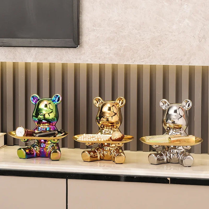 Electroplating bear cartoon sculpture, ceramic decorative ornaments with piggy bank, keys cosmetics, snacks desktop storage tray