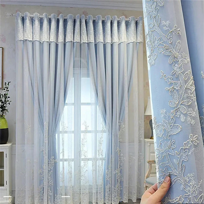 Luxury Beige Double Layer Embroidery Blackout Curtain for Bedroom Living Room European Delicate Sheer Plus Darkening Cloth Drape