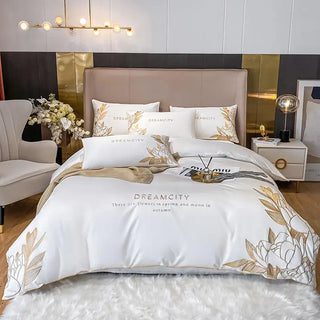 White Egypt Cotton Golden Embroidery Bedding Set Luxury 4pcs Solid Color Duvet Cover Bed Sheet Linen Pillowcases Home Textile