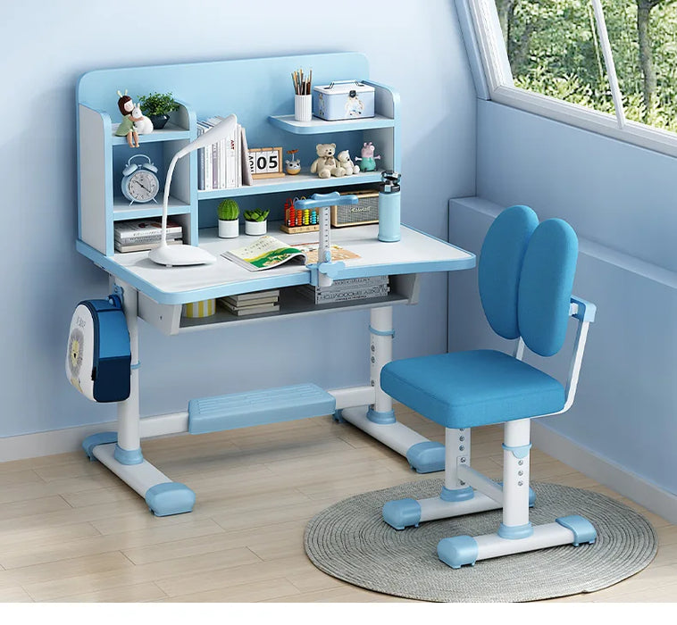 Children's study desk, adjustable student writing and homework desk with bookshelf, desk and chair combination