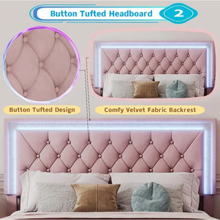 3-Pieces Bedroom Sets Queen Size Upholstered Platform Bed Frame with LED Lights and Two Nightstands ModernWooden Velvet