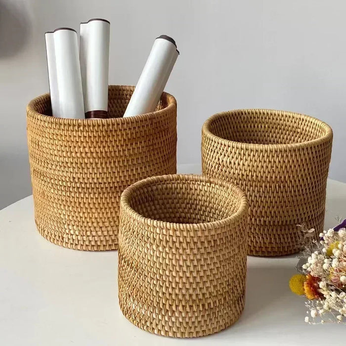 Handwoven Rattan Basket,Round Storage Bucket,Bread and Fruit Storage Baskets,Household Desktop Sundries Organizer,Plant Basket