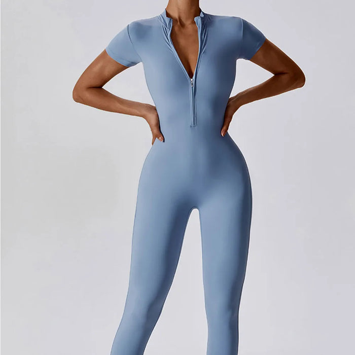 Yoga Set Women's Jumpsuits One-Piece Suit Zipper Short Sleeve Gym Push Up Workout Clothes Fitness Bodysuit Sportswear Tracksuit