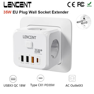LENCENT EU Plug Power Strip Wall Socket with 3 AC+3 USB QC 18W +1 Type C PD 35W Fast Charger Adapter 7-in-1 Socket On/Off Switch