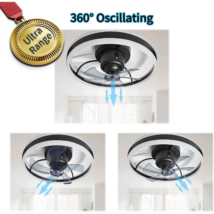 360 °oscillationlow profile ceiling fan with light remote control and APP Bluetooth control,20 inch silent bladeless ceiling fan