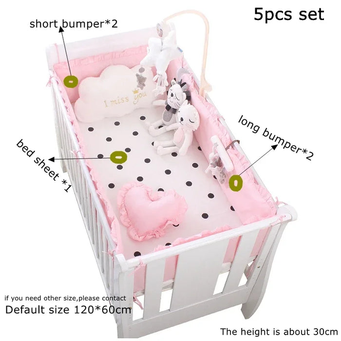 5pcs Set Baby Sweet Pink Dot Cot Bumpers Bed Sheet Bed Surrounding Cotton Craddle Bedding Baby Bedroom Supplies