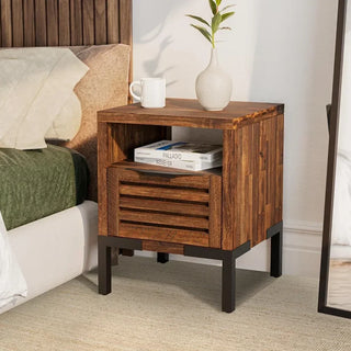 Wood Rustic Nightstand with Drawers, Pre-Assembled Industrial Modern Side Table for Living Room, Bedroom, Rustic Chestnut