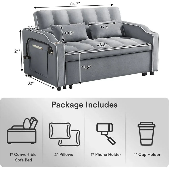Sofa with 2, seats3 in 1 Convertible Sleeper Sofa, Velvet Pull Out Couch Futon, Living Room Furniture