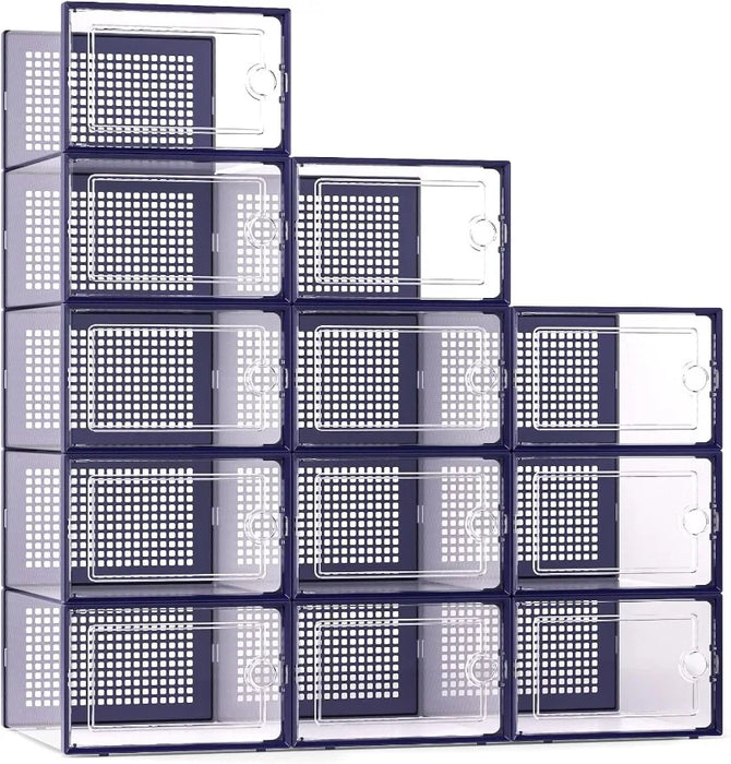 X-Large Shoe Organizers Storage Boxes for Closet 12 Pack, Clear Plastic Stackable Sneaker Containers Bins with Lids