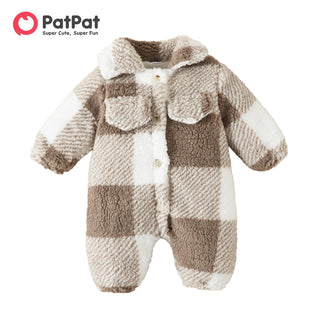 PatPat New Born Baby Boy Clothes Infant Overalls Newborn Girl Romper Khaki Plaid Fluffy Fleece Long-sleeve Baby Stuff Jumpsuits