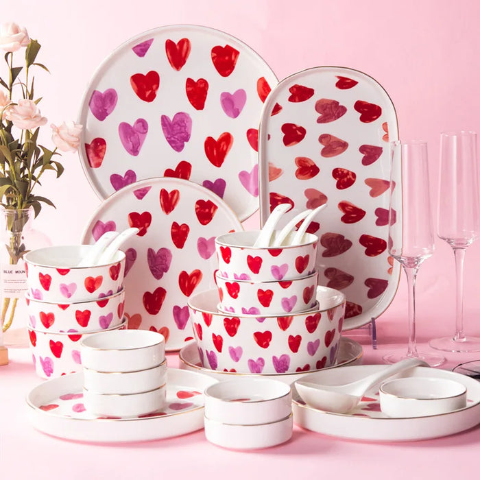 24 Piece Japanese Style Heart-shaped Pattern Tableware Sets Food Bowl Spoon Ramen Plates Dinnerware Set Utensils For Kitchen