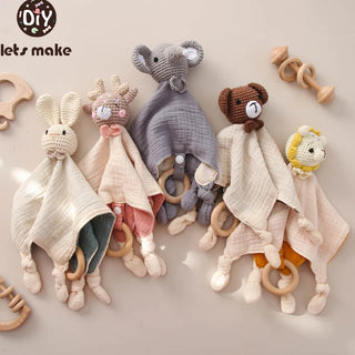 Baby Soother Appease Towel Bib Animal Rabbit Sleeping Doll Infants Soft Comfort Bib Wooden Teether Ring Baby Nursing Accessories