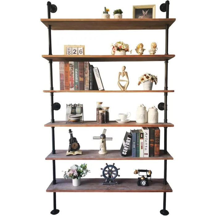 6 Tier Industrial Ladder Pipe Shelf, Wall Mounted Wood Metal Bookshelf for Living Room Storage (Weathered Brown）