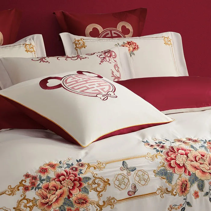 Luxury Double Happiness Blossom Embroidery Wedding Red Bedding Set 4/7Pc 1000TC Egyptian Cotton Duvet cover Bed sheet Pillowcase