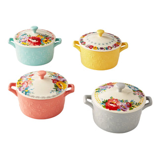 Blossoms Assorted Colors 14.6- oz Ceramic Mini Casseroles Stone pot, Soup pot、4 Pack